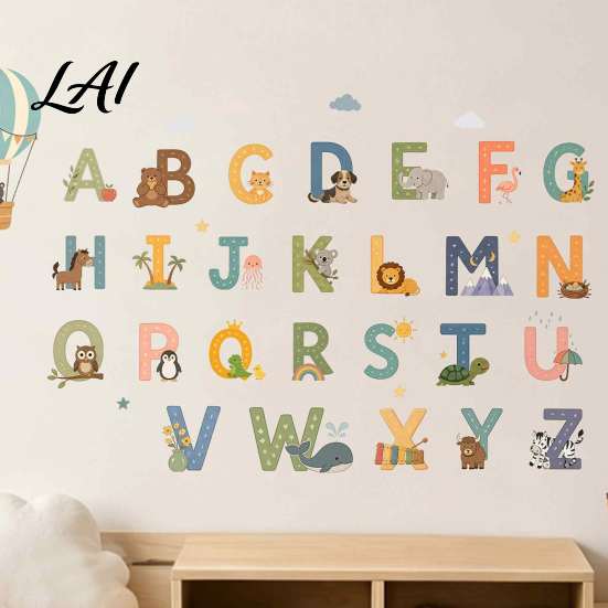 Nursery Decor Cartoon Animal Letters 3Pcs Alphabet Wall Stickers 26 A-Z Educational Decals Peel Removable Stickers for Bedroom and Stick Kids Living