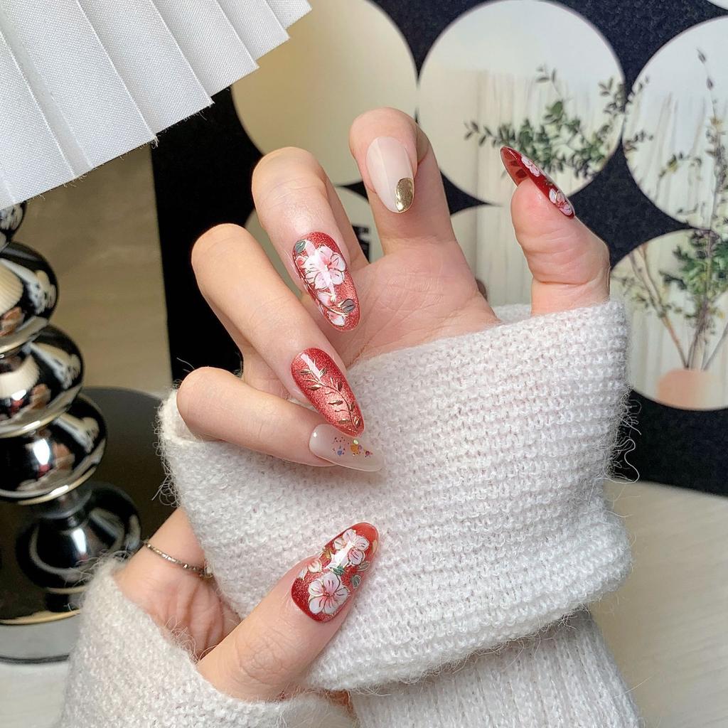Pure‑Handmade Press‑On Nails Mid‑Short‑Length Hand‑Painted Floral Cat‑Eye Premium False Nail Tips