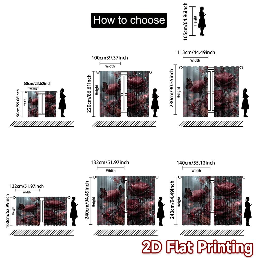 2D flat printing 2pcs Curtain Curtains Valentine's Red Roses Butterflies Digital Printed Polyester Drapes Festive Wall Decor