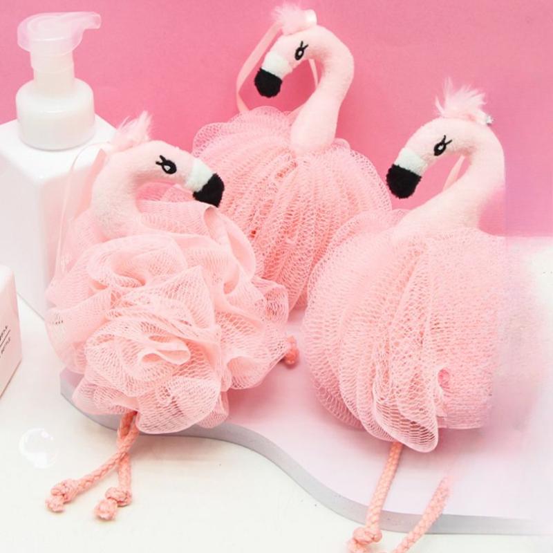 Милые розовые фламинго в форме цветов для ванны для девочек щетка для ванны отшелушивающая массажная щетка для спины очищающие шарики для мытья тела пенящаяся сетка