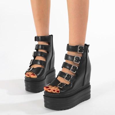 Женские босоножки на танкетке, модная летняя обувь с открытым носком и молнией сзади, стильные сандалии на платформе с несколькими пряжками и ремешками