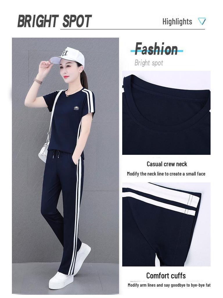 Лето 2025 г. Женский спортивный комплект свободного кроя Ice Silk - Повседневная мода, два предмета с короткими рукавами