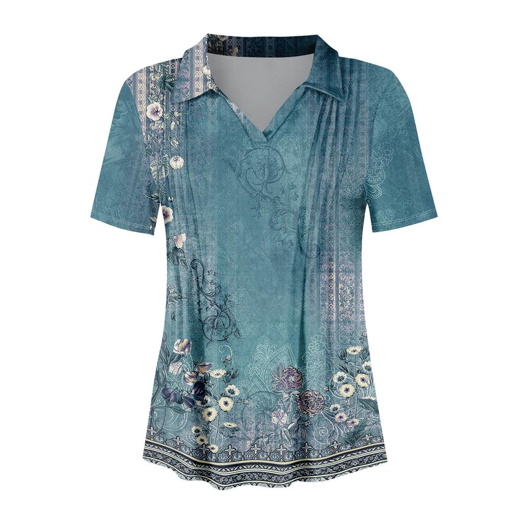 Женские футболки с коротким рукавом, плиссированные, с V-образным вырезом, с принтом, с воротником, летние топы, модные, деловые, повседневные, рабочие