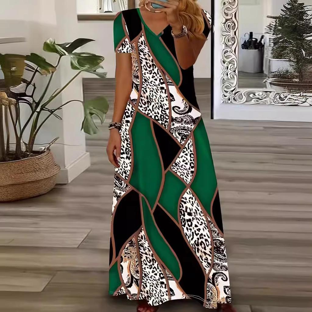 Женское летнее макси-платье с V-образным вырезом, короткими рукавами и длинным подолом, повседневное платье в этническом стиле с принтом в стиле бохо