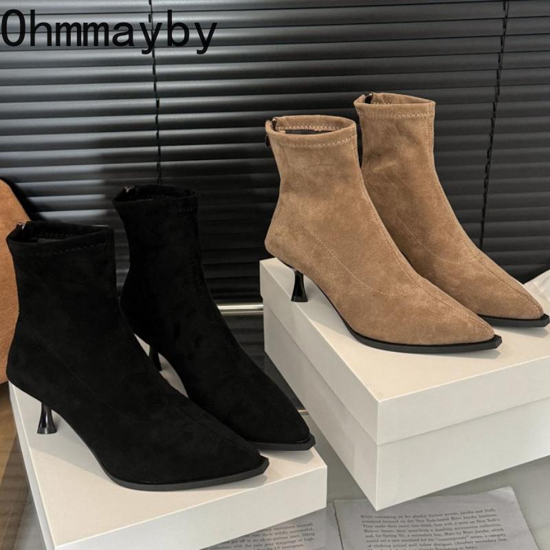 Fashion Pointed Toe Elastic Slim Ankle Boots For Women High Heels Autumn Winter Shoes Ladies Botas Mujes