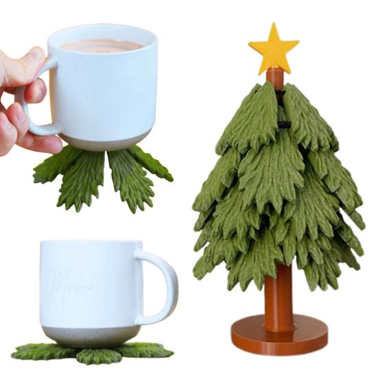 Christmas Tree Trivet Set 3D Printing Christmas Tree Coasters Green Xmas Trees Trivet with Star Stirring Stick for Hot Dishes Pot Bowl Teapot