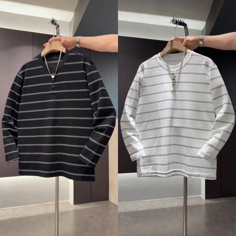 Mens Striped Crew Neck Long Sleeve T-Shirt - Casual Trendy Old Money Style Youth