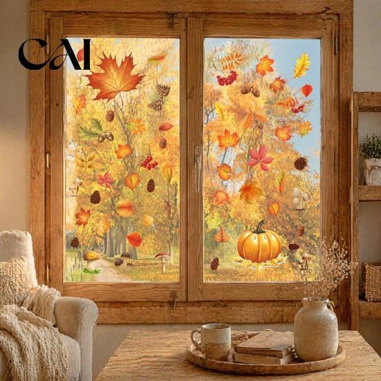 Thanksgiving Glass Decals 5Pcs Autumn Maple Pumpkin Static Window Clings, Fall Harvest Stickers, Leaf Stickers Glue-Free Removable Decor for Home Shop