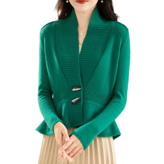 Women Sweater Coat V-Neck Long Sleeve Ruffle Hem Knitting Sweater Solid Color Slim Fit Waist Tight