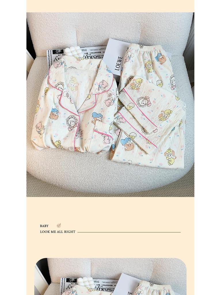 Милый пижамный комплект с принтом кота в японском стиле с длинными рукавами из хлопка для женщин - Весна/Осень