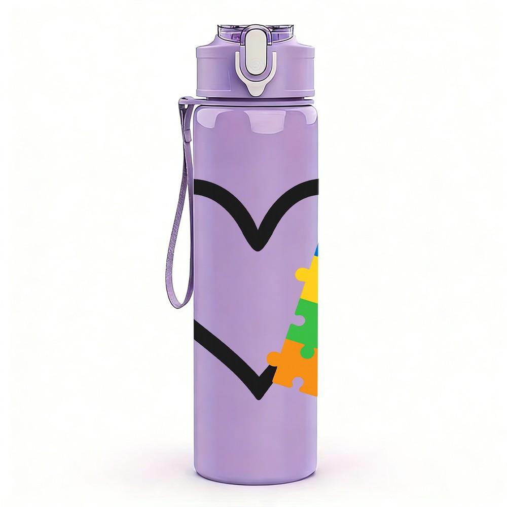 1PC Autism Puzzle Heart 750ml Color Plastic Sports Water Bottle Leakproof Flip Straw Lid Suitable for Sports Office Home Use
