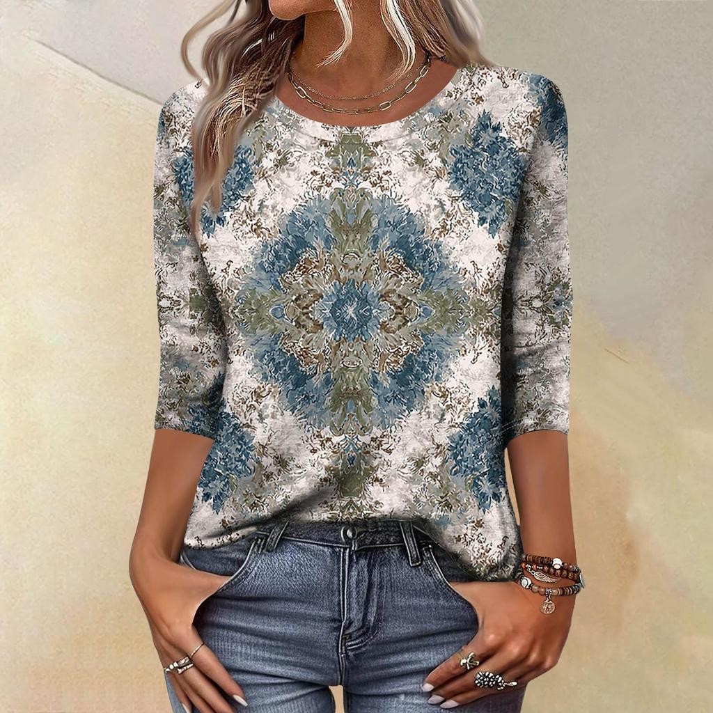 Trendy Vintage 3/4 Sleeve Top For Women ,Ladies Casual Three Quarter Sleeve Round Collar Printed T-Shirt Blouse