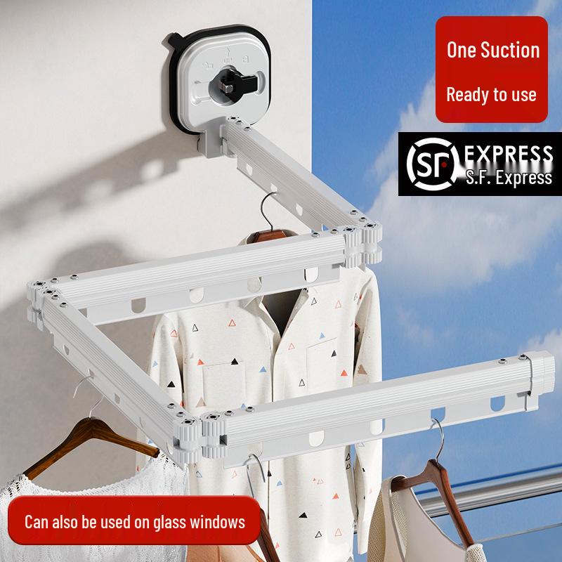 Punch-Free Suction Cup Folding Clothes Drying Rack with Retractable Rod – Invisible and Compact for Bathroom and Window Use