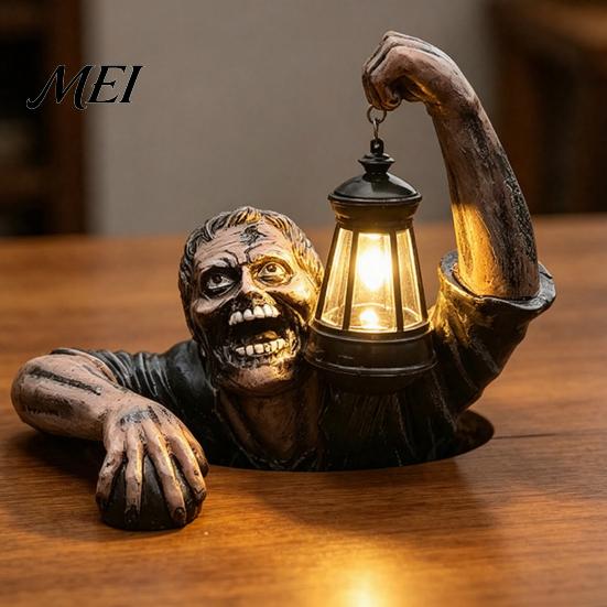 Decorative Resin Zombie Figures Halloween Creepy Zombie/Skeleton Lantern Statue, Horror Figurine Decor, Light Up Groundbreaker Decorations Holding