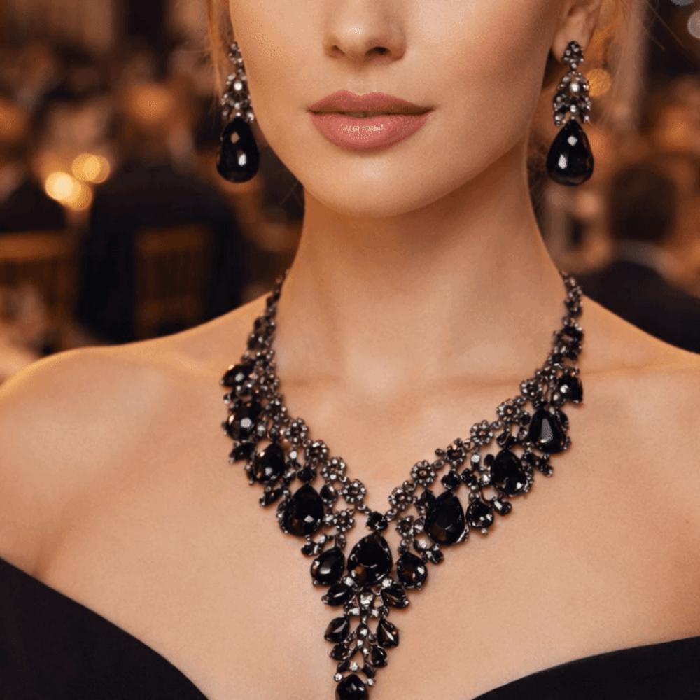 Rhinestone Crystal Necklace Earrings Shining Bridal Jewelry Set  Ball Banquet