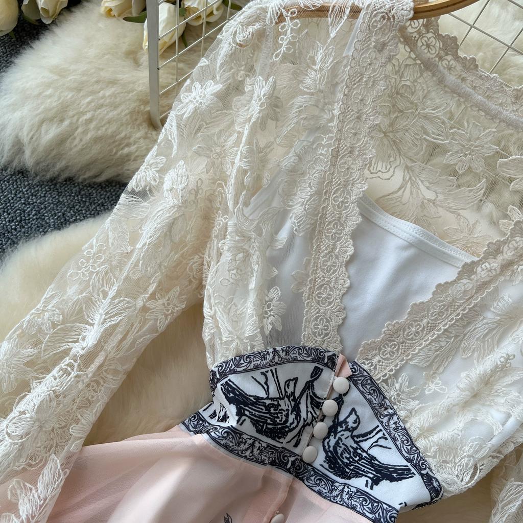 Весна Осень Женские Элегантные Кружева Расклешенные Рукава Глубокий V-образный Вырез Принт Длинные Макси Праздничные Платья Для Вечеринок