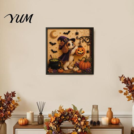 Halloween Puppy Witch Decor Faux Pearl Painting Kit, Ghost 3D Art Craft Clean Paint Free Set for Adults Beginners, Home Wall Decor, DIY Stress Relief