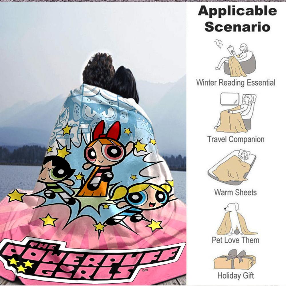 1pc Powerpuff Girls Blanket Lightweight Flannel Throw For Sofa, Bed, Travel, Livingroom, Office, Couch, Chair, And Bed