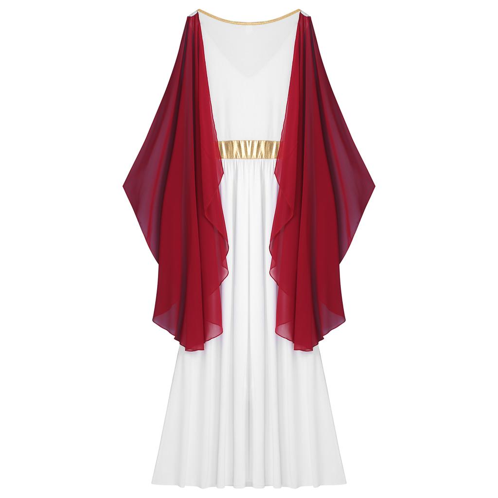 Women's Ancient Greek Roman Queen Costume Halloween Cosplay Gold Trims Toga Dress