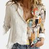 Модная вышивка ретро-принт с принтом лица, блузка с длинным рукавом, женская повседневная рубашка с лацканами и пуговицами