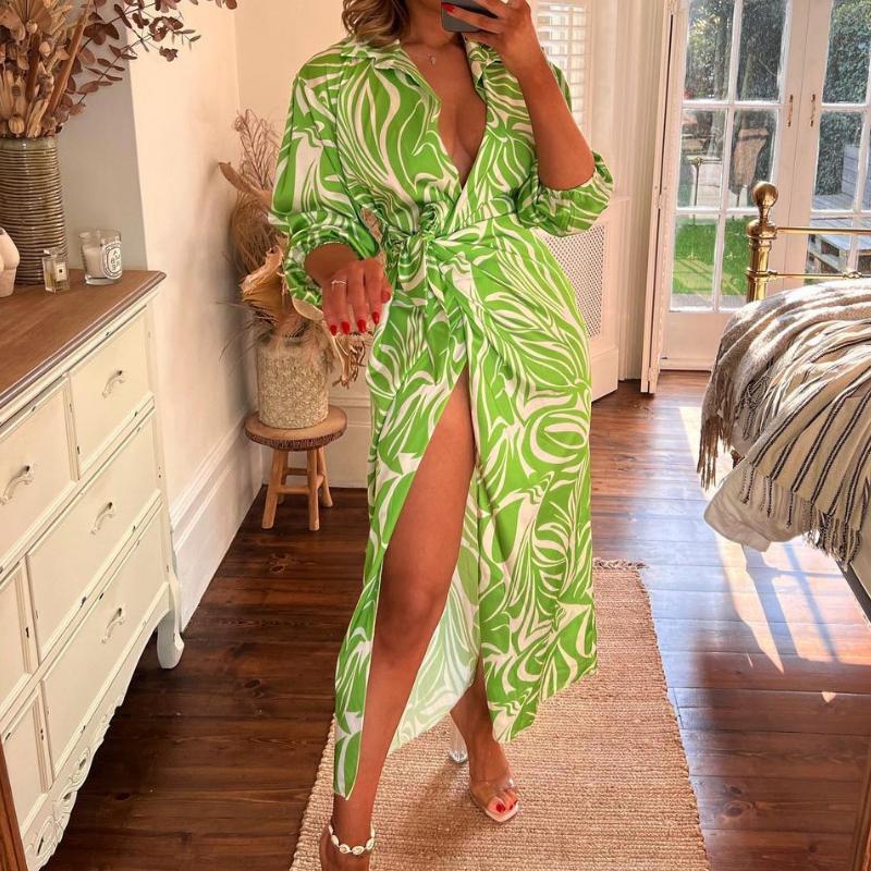 GMXIA Модное платье с принтом в виде фонарика, рукава-фонарика, завязки, разреза, воротника-поло, контрастирующие платья миди