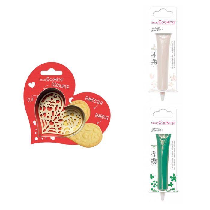 Kit pour biscuit en relief Coeur + 2 Stylos au chocolat blanc et vert