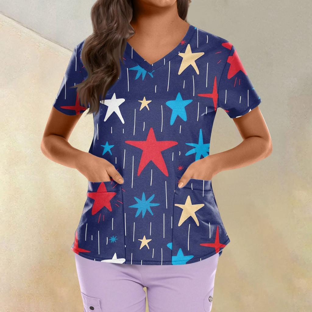 Plus Size Printed Scrub Working Uniform Tops For Women's Cross V Neck Independence Day Print Short Sleeve Fun T-Shirts Workwear Tee With Pockets
