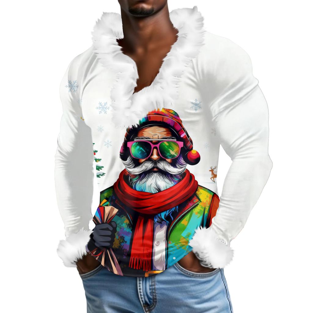 Мужской повседневный рождественский плюшевый свитшот с V-образным вырезом и длинными рукавами из флиса