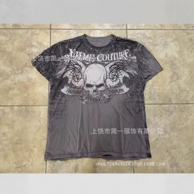 Summer Men's Fashion Skull Letter Printing Trend Slim Fit Casual 3D Digital Printing Short Sleeve Top