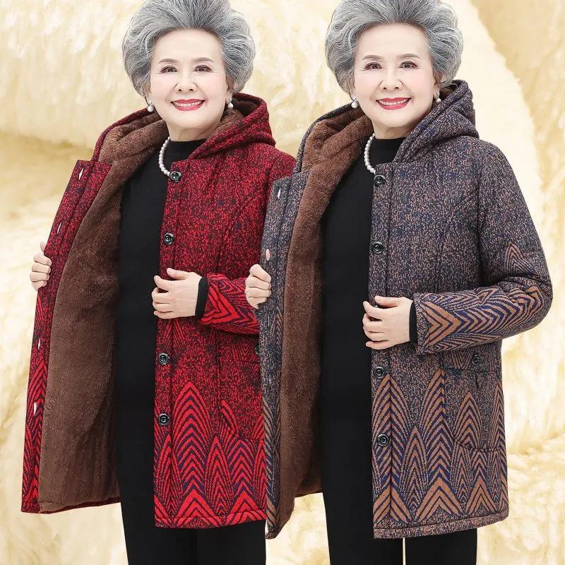 Plus Velvet Thick Cotton Jacket for Elderly Winter Women's Mid-Length Jacket Cotton Lined Corduroy Hooded Warm Quilted Jacket