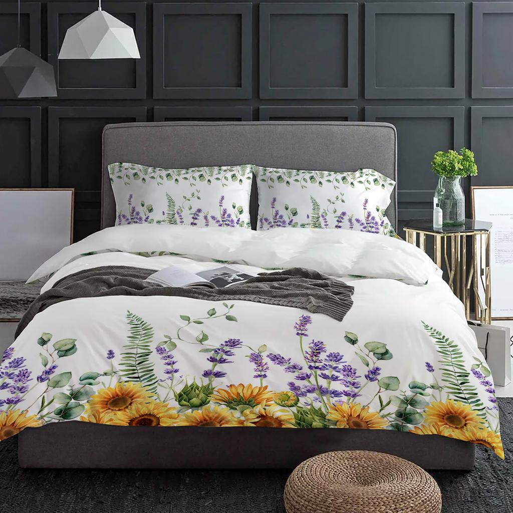 Wild Flower Eucalyptus Sunflower Plant Lavender 3pcs Bedding Set For Double Bed Home Textile Duvet Cover Quilt Cover Pillowcase