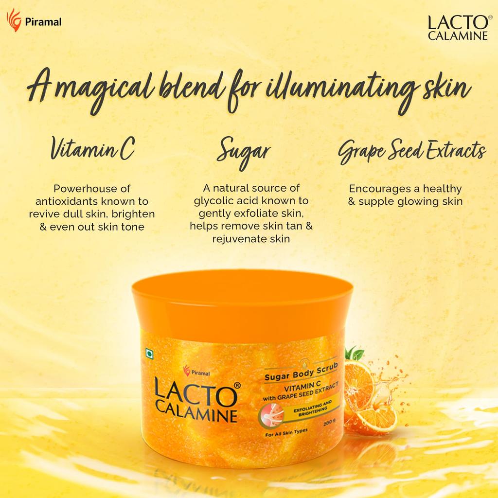 Lacto Calamine Vitamin C Sugar Body Scrub 200 g Pack of 1 Gentle Exfoliator for Healthy Glowing Skin