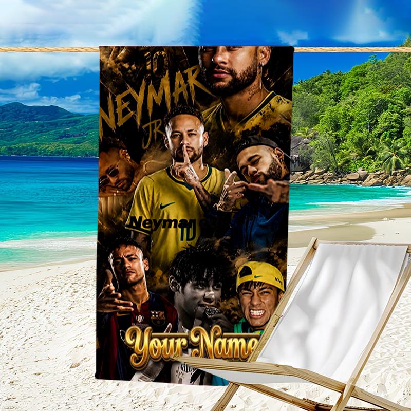 1pc Brazilian football player Beach Towel with Custom Name, Beach and Seaside Swimming Pool Equipment, Fashion Pattern, Rectangular, Travel Essential