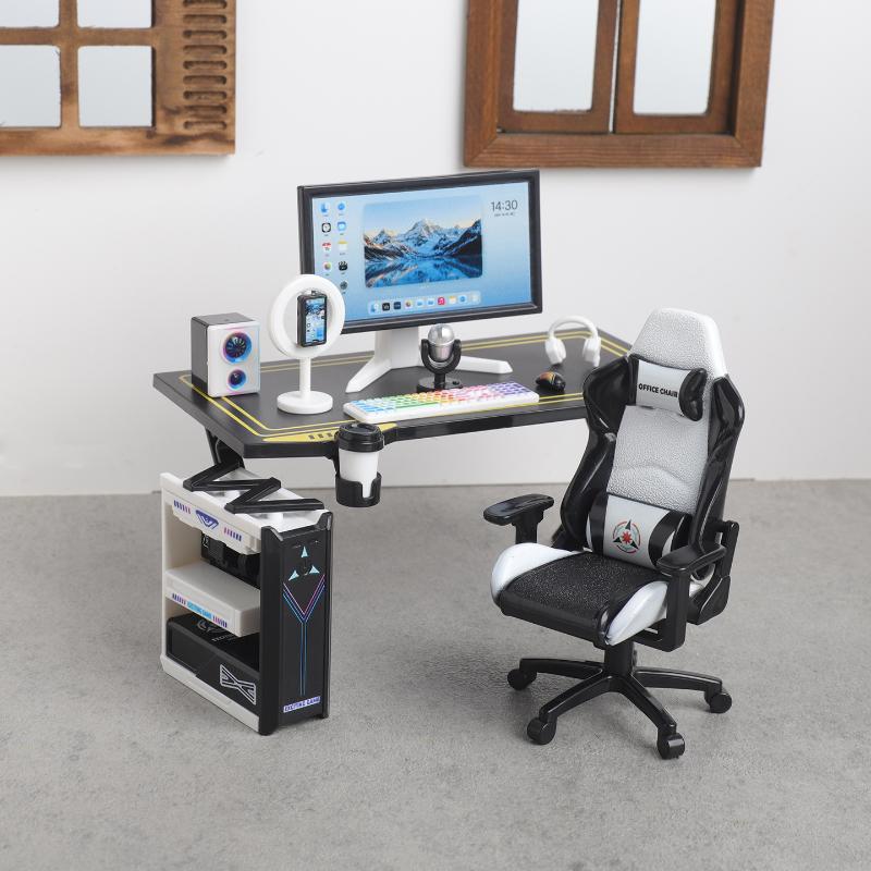 Tiny Gaming Desk Chair Set 1/12 Dollhouse Size with Simulated Monitor Host Model for Doll House Collection DIY Decor