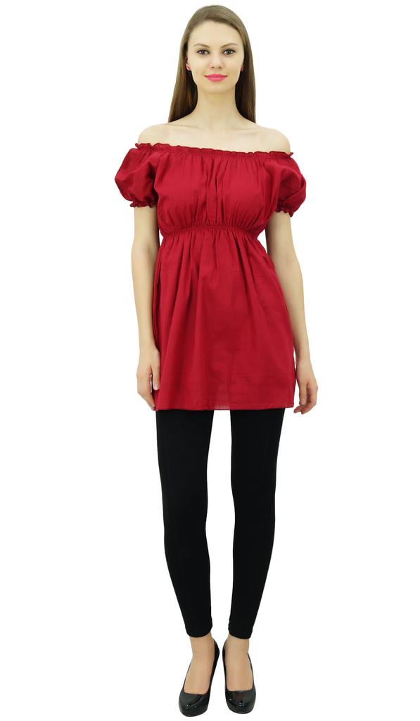 Bimba Женские топы с открытыми плечами и пышными рукавами, блузка с эластичной талией, хлопок