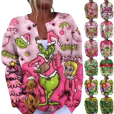 Женская мода рождественский принт длинный рукав вязаный кардиган пуховик