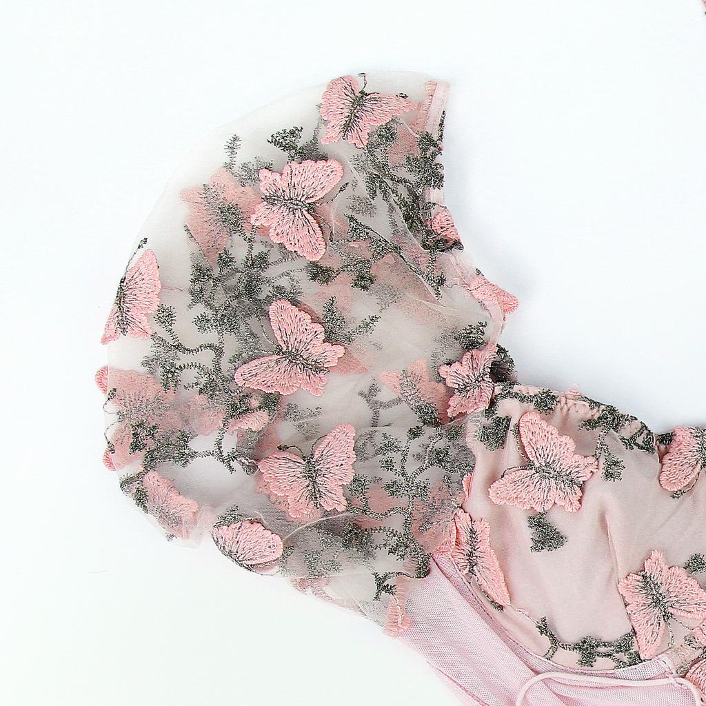 Casual V Neck  Shirt  Mesh Short Sleeve Crop Top Women Embroidered ButterflyT-shirt  Backless Tank Top Slim Female Crop Top Fashion Tee Shirt Y2k