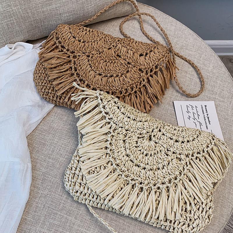 Tassel Straw Bag For Women Bohemian Beach Bag Woven Small Crossbody Bag Summer Hollow Shoulder Bag Lady Handbag Purse
