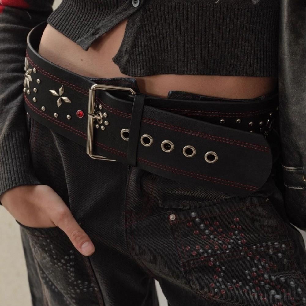 Gothic Leather Waist Belt Vintage Dress Jeans Belt Niche Women's Rivet Belt  Waist-Cinching