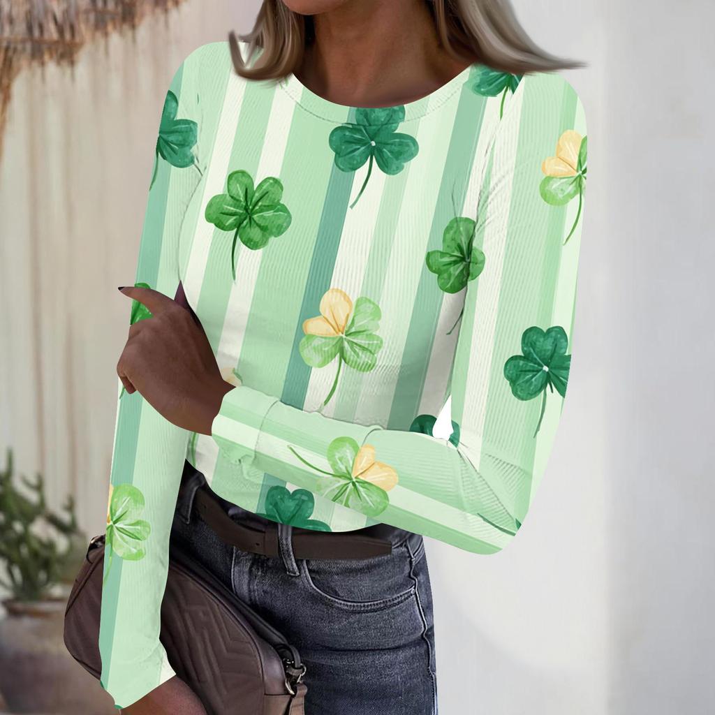 Women's Casual Fashion Round Neck St. Patrick's Day Print Long Sleeve Ribbed Top