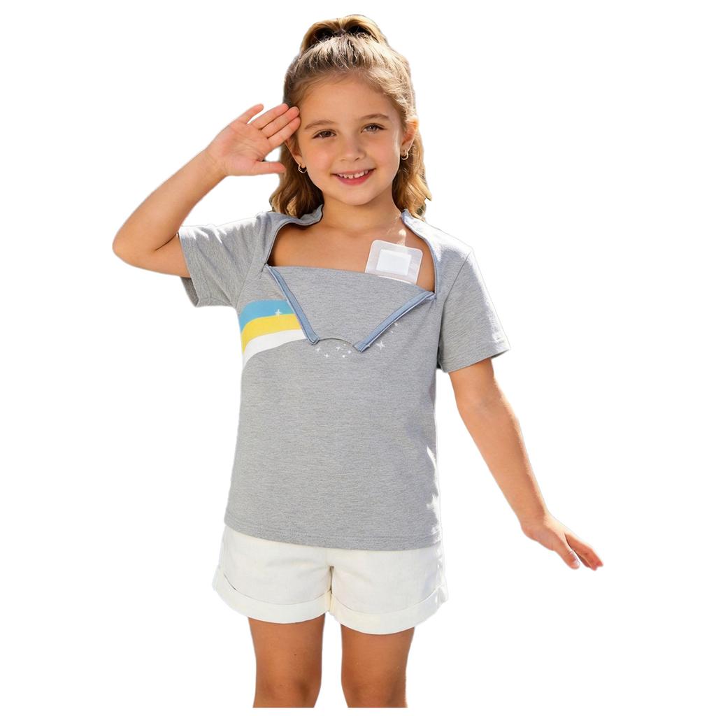 Kids Boys Girls Special Needs Adaptive Clothing Short Sleeve Rainbow Print Chest Port Access Chemo T-shirt with Zippers