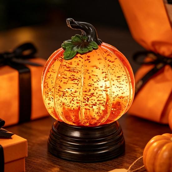 Holiday Desk Ornament Pumpkin Snow Sphere Lamp, Glitter Lighted Ornament, Fall Table Desktop for Kids Centerpiece with Warm LED Lights Party