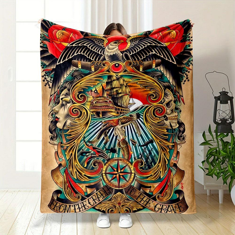 An eagle, ship, roses, compass, and skeleton framed by ornate golden swirls. for all seasons blanket lunch break throw gift