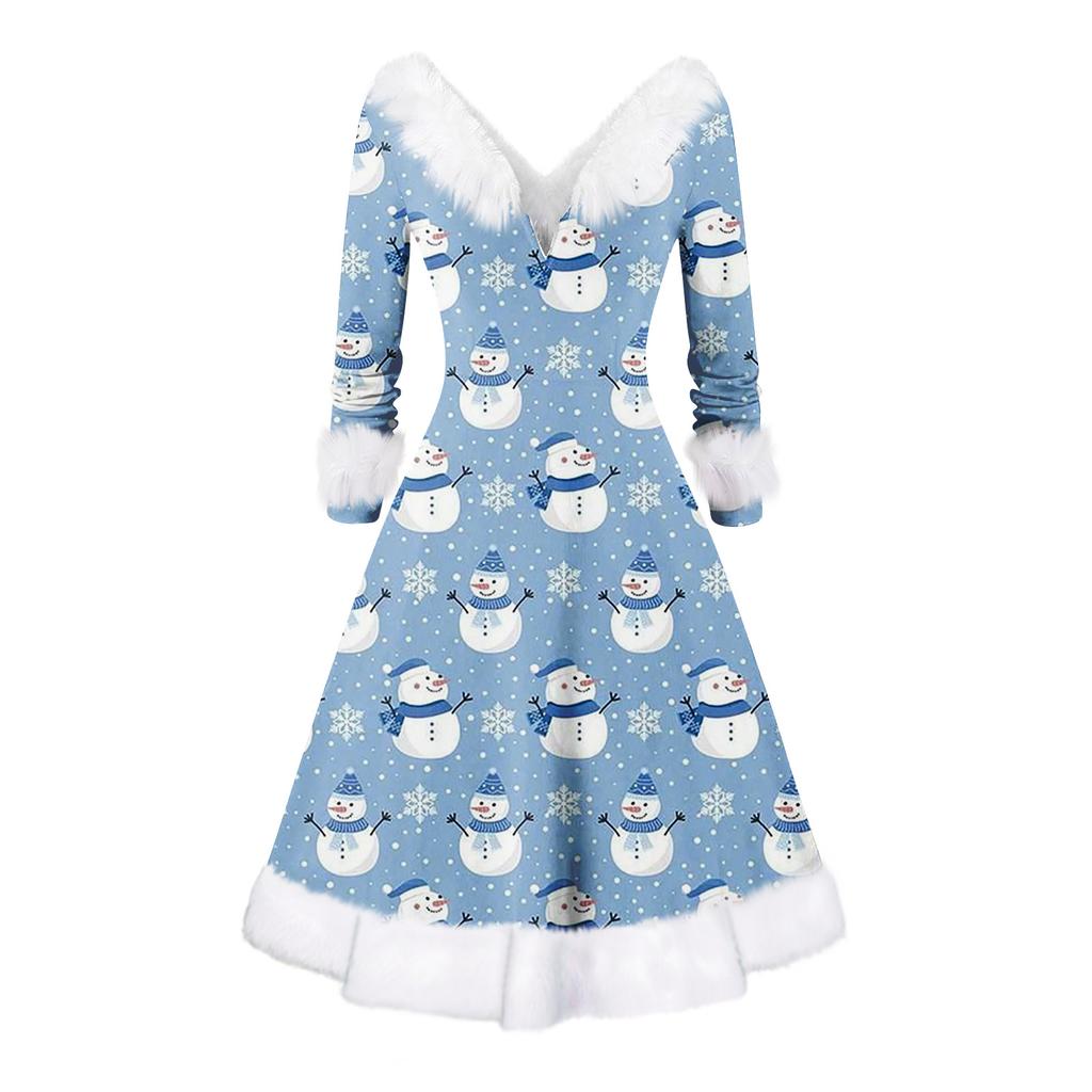 Женское модное повседневное платье с v-образным вырезом и рождественским принтом для вечеринки с длинными рукавами