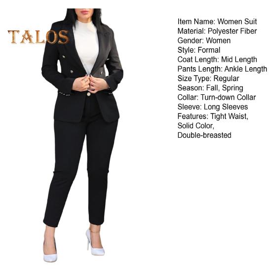 2 шт./комплект женский формальный пиджак брюки комплект с длинными рукавами двойные пуговицы узкий кардиган талия куртка средней длины прямые брюки с высокой талией формальный деловой