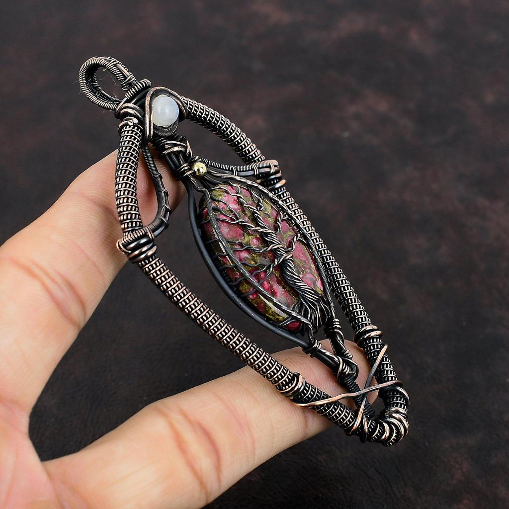 Древо жизни Медный кулон Тулит Медная проволока Обернутая радужным лунным камнем подвеска ручной работы Медная проволока Драгоценный камень ювелирные изделия Подарок для мамы