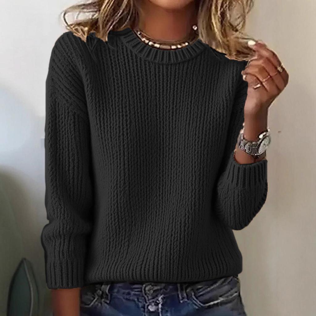 Women's Fashion Casual Loose Pullover Solid Color Round Neck Long Sleeve Knit Sweater
