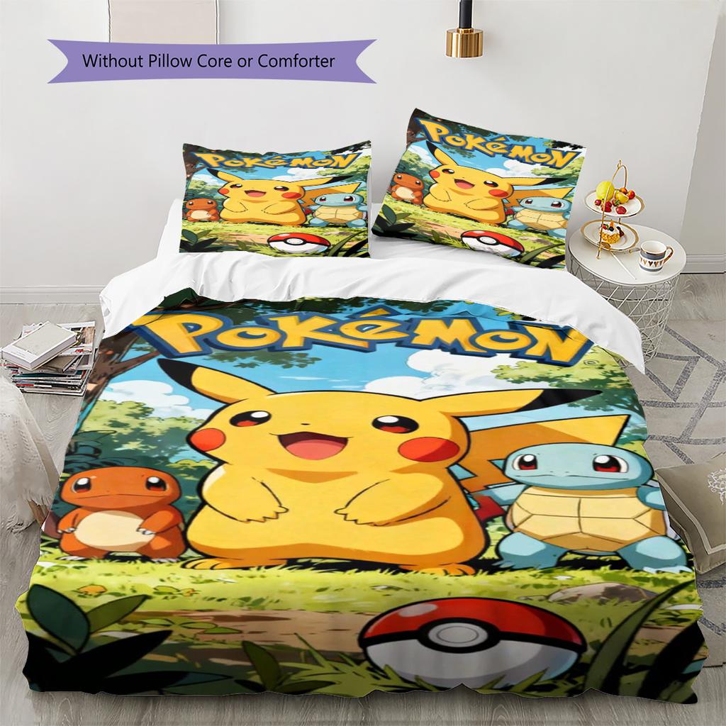 Yellow Poket Monster Pattern Bedding Set Quilt Cover Pillowcase Home Decor Gift (1 * duvet cover + 2 * pillowcase, without core)