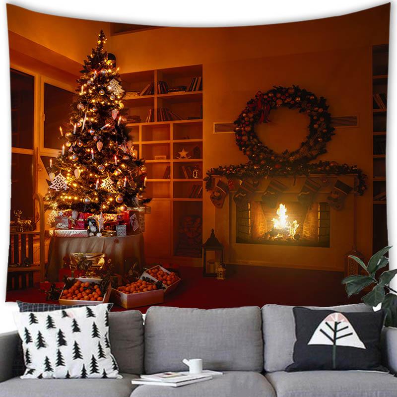 Merry Christmas Christmas Tree Fireplace Printed Pattern Tapestry Home Living Room Bedroom Background Wall Decoration Tapestry