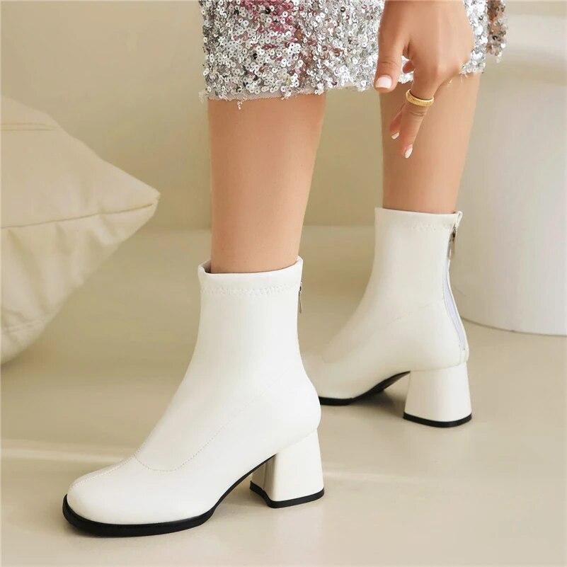 Женские ботильоны, короткие сапоги на толстом высоком каблуке с круглым носком на молнии, лаконичная женская модная обувь, зимняя красная, белая, черная 46